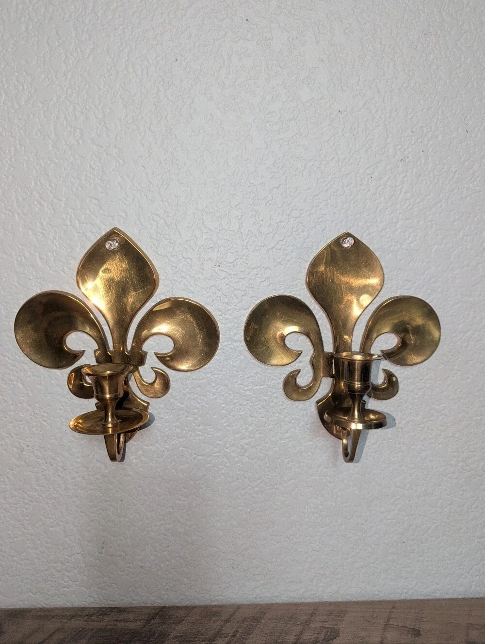 Vintage Solid Brass Fleur-de-Lis Wall Sconces - Pair